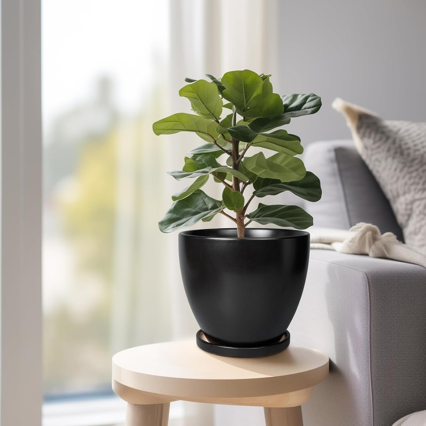 10 Inch Ceramic Planter Pot Round Plant Pot for Indoor Plants Outdoor Large Flower Pot with Drainage Hole and Saucer Blue