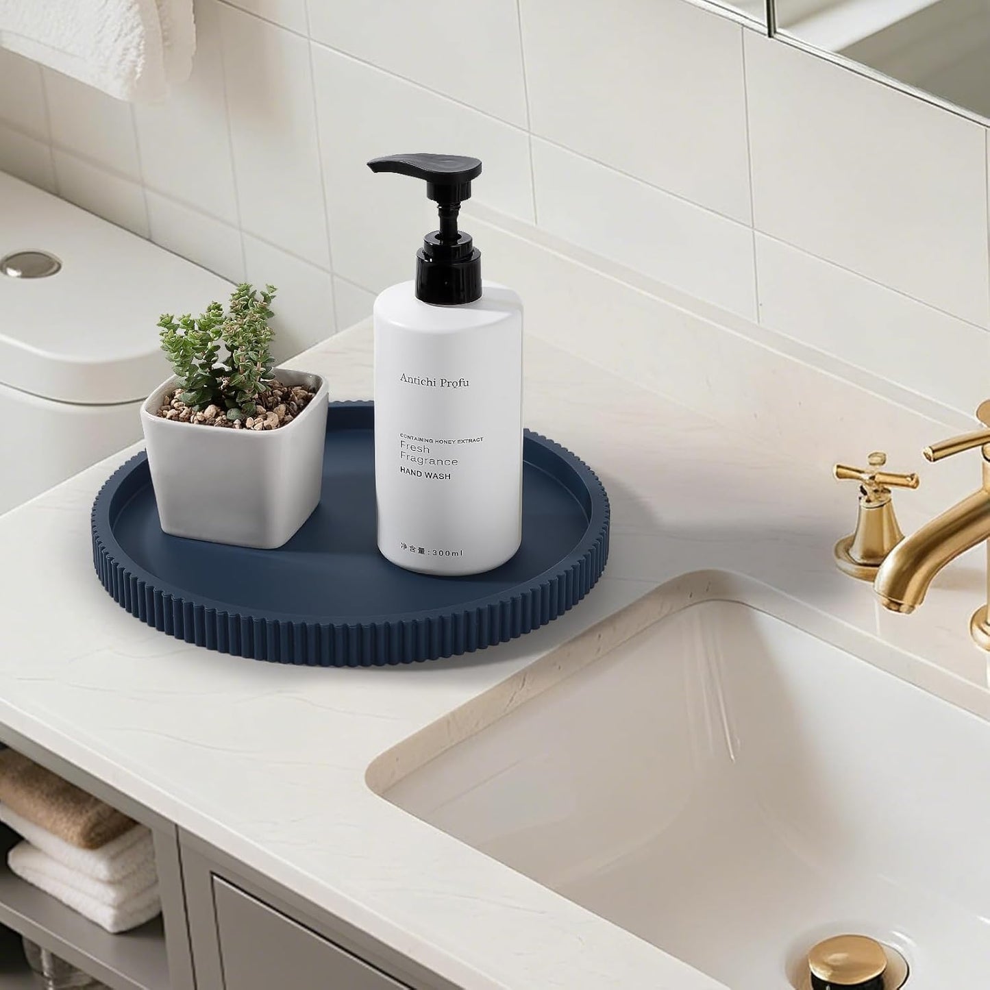 Silicone Bathroom Tray Round Kitchen Counter Organizer Decorative Vanity Accessories Coffee Table Decor for Perfume, Candle, Soap Dish, 9 Inch, Black