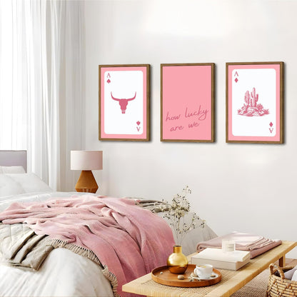 Western Wall Art Set of 3, Southwestern Cowboy Playing Card Wall Decor, Longhorn Bull Skull and How Lucky are We Poster Canvas Painting Prints for Bedroom Living Room 12x16 inch Wood Framed