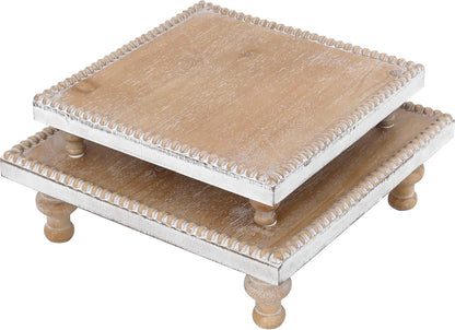 SwallowLiving Rustic Round Wood Tray Riser Farmhouse Pedestal Stand With Beaded Edge for Decor Wooden Finish Cupcake Display for Cakes and Decorative Items 11.8 inches
