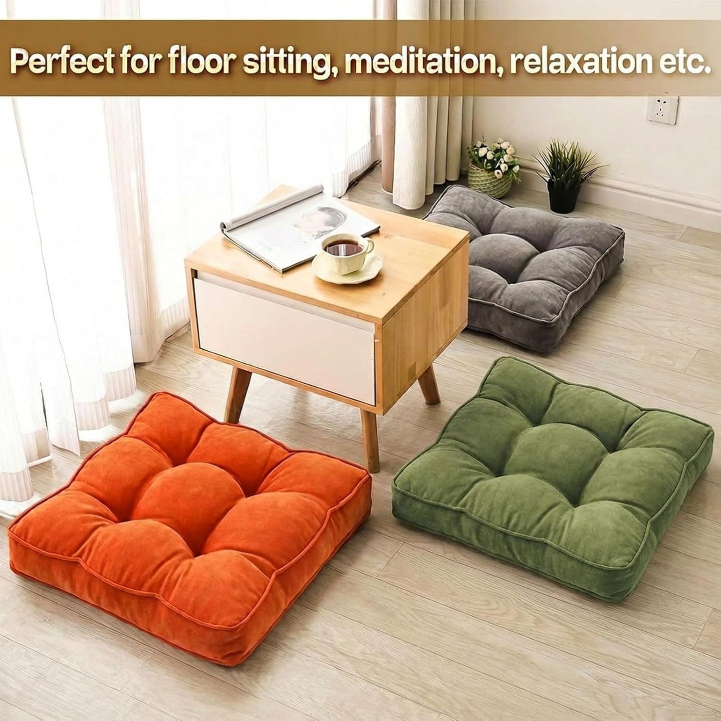 1 MIDDLE ONE Floor Pillow Set of 2, Memory Foam Floor Cushions for Adults, Large Meditation Pillow for Sitting, 22 x 22 Inches (Square | Grey)