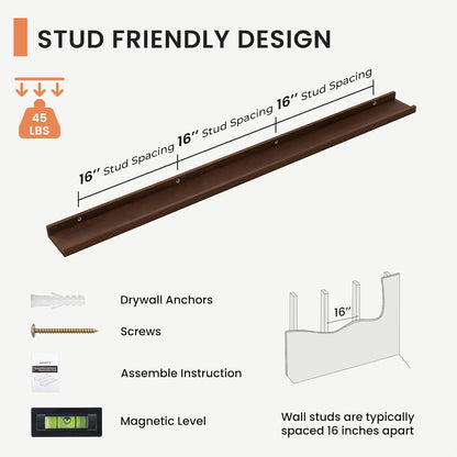 FLYJOE Picture Ledge Shelf, Floating Shelves Set of 2, Solid Pine Wood 55'' Long Large Nursery Book Shelves for Toys Storage, Kids Bookshelf for Living Room Bedroom Decor Books Photo Frames, Walnut