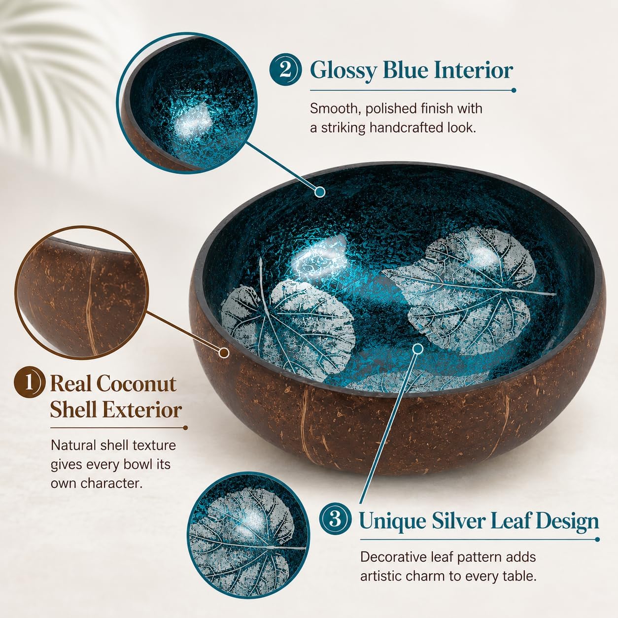 ChezMax Natural Coconut Bowl with Mother of Pearl Inlays - Key Bowl & Fruit Snack Holder (Blue-Gold)