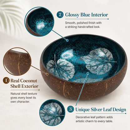 ChezMax Natural Coconut Bowl with Mother of Pearl Inlays - Key Bowl & Fruit Snack Holder (Blue-Gold)