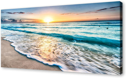 Baisuart S02250 Canvas Prints Wall Art Beach Sunset Ocean Waves Nature Pictures Stretched Canvas Wooden Framed for living Room Bedroom and Office