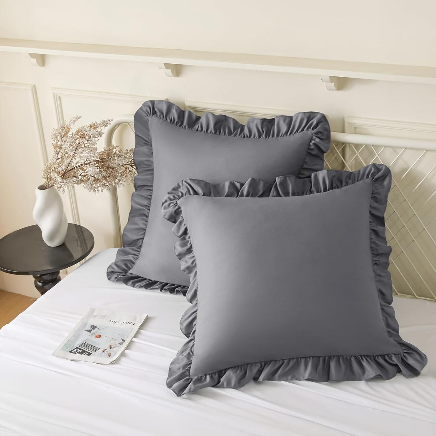 KKJIAF Ruffle Pillow Cases 26x26 Inches, White Square Ruffled Pillow Covers Set of 2, Microfiber Wrinkle Resistant Pillow Shams with Envelope Closure for Sofa Bed Living Room