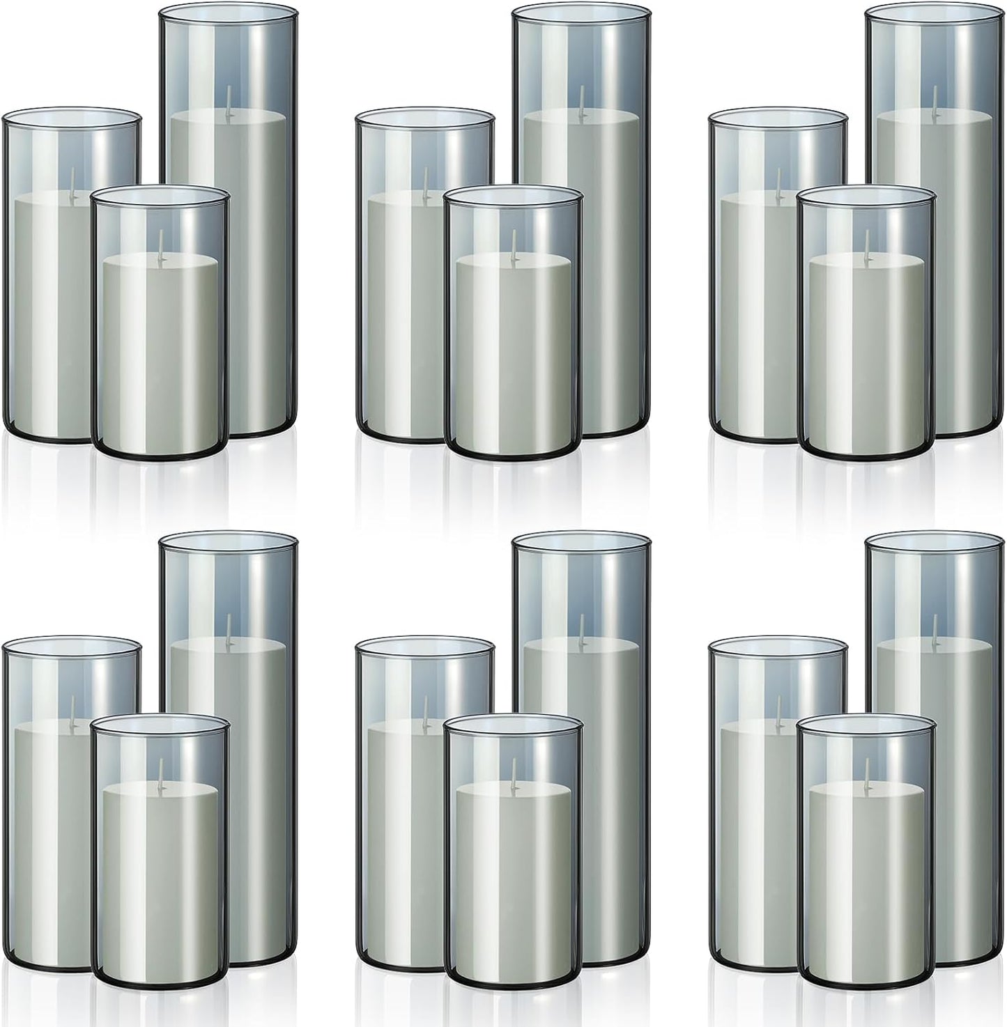 Shihanee 36 Pcs Pillar Candles and Glass Cylinder Vases Tall Cylinder Holders for Pillar Candles Wedding Centerpieces, Total 18 Sets(2.6'' X 4.7'', 5.9'', 7.9'',Clear,Ivory)