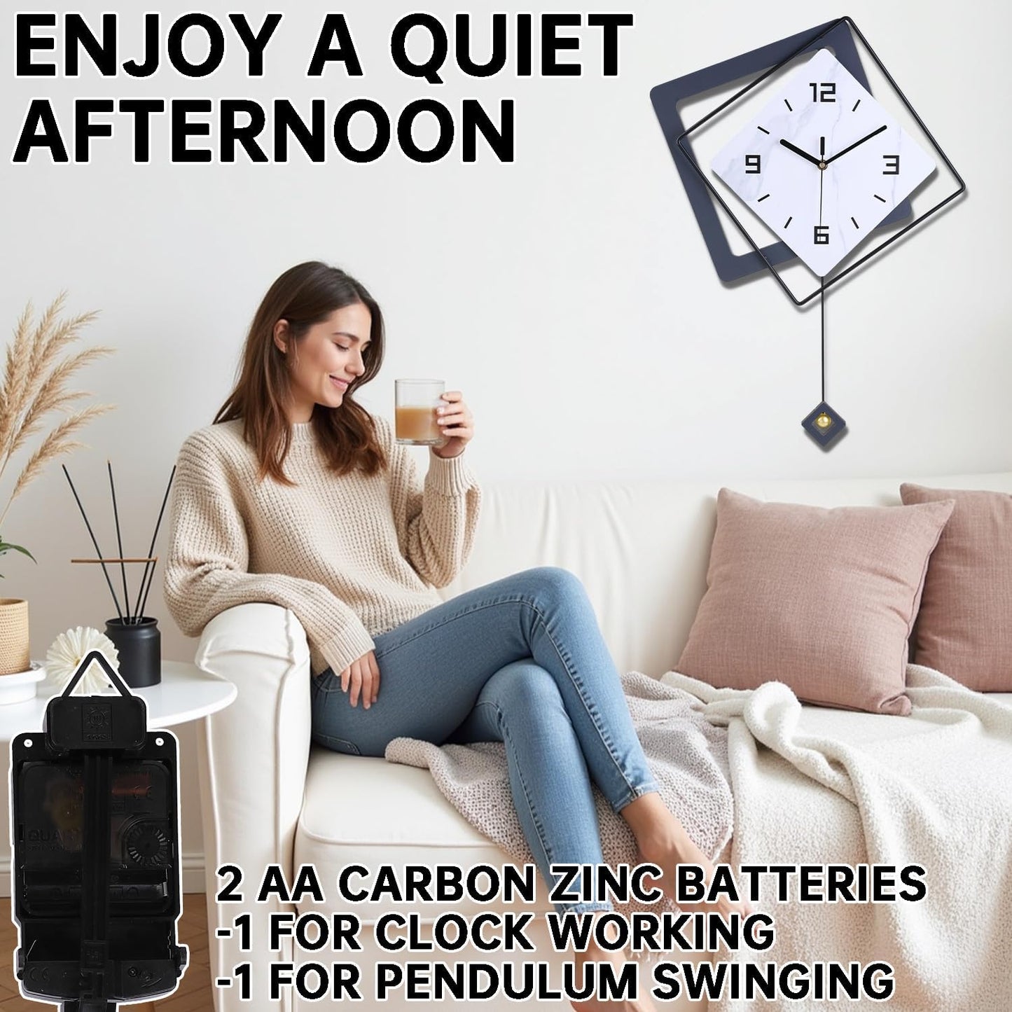Wall Clock with Pendulum,Silent Quality Quartz Battery Operated,Modern Large Wall Clocks for Living Room Kitchen Home Bathroom Bedroom Wall Decor,16.2x26Inch(Black)