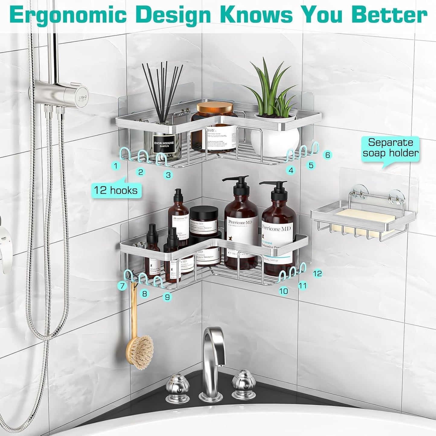 YASONIC Corner Adhesive Shower Caddy, with Soap Holder and 12 Hooks, Rustproof Stainless Steel Bathroom Organizer, No Drilling Wall Mounted Rack, Black, 3-Pack