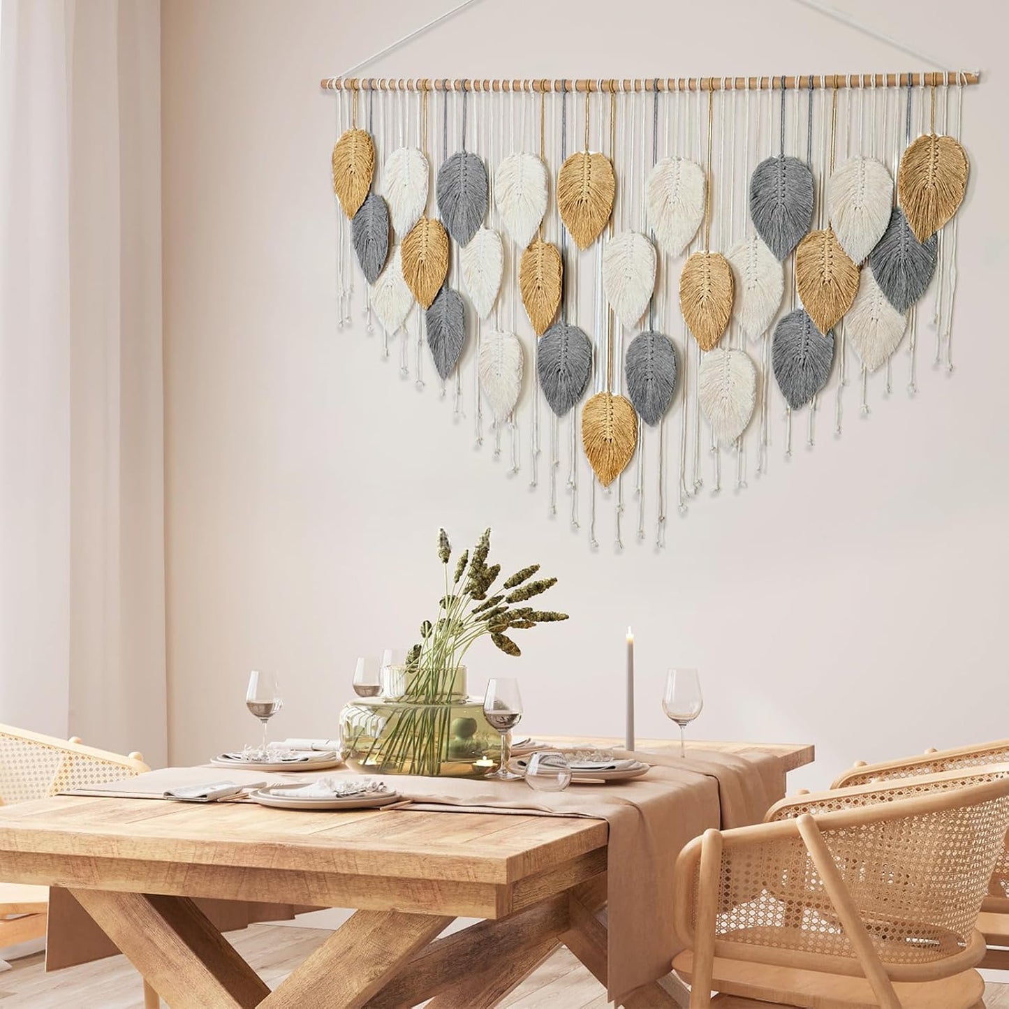 KHOYIME Large Macrame Wall Hanging Boho Woven Tapestry, Chic Home Decor Modern Bohemian Handmade Leaf Feather Wall Art Decorations for Apartment Dorm Living Room Bedroom Nursery Backdrop 39"W X 29.5"L