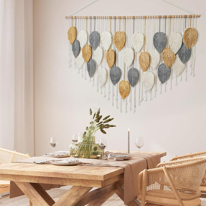 KHOYIME Large Macrame Wall Hanging Boho Woven Tapestry, Chic Home Decor Modern Bohemian Handmade Leaf Feather Wall Art Decorations for Apartment Dorm Living Room Bedroom Nursery Backdrop 39"W X 29.5"L