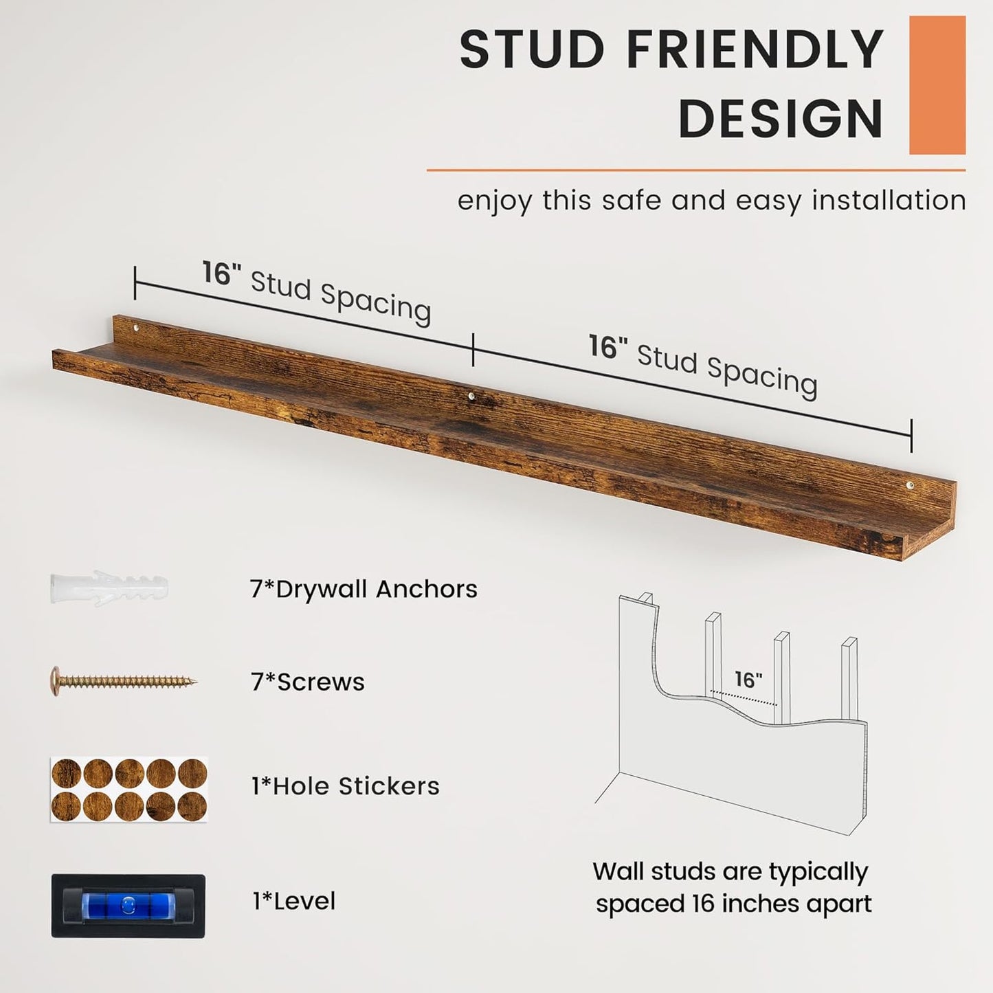 FLYJOE Picture Ledge Shelf, Floating Shelves Set of 2, 48 Inches Long Large Nursery Book Shelves for Toys Storage, Kids Bookshelf Wall Mounted for Living Room Bedroom Decor Books Photo Frames, Walnut