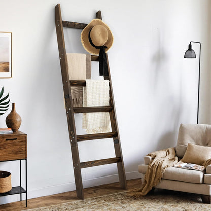 TEAKMAMA 6-Tier Blanket Ladder for Living Room and Bedroom,5.4 Ft Wall Leaning Quilt Rack with Hooks,Rustic Decorative Farmhouse Blanket Storage,Stylish Ladder Holder,Christmas Decorations,Black
