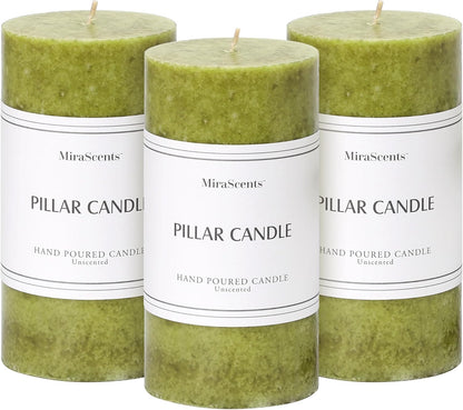 3x4 inch Green Pillar Candles Set of 3, Unscented Pillar Candle, Dripless and Smokeless Large Candles, Candle for Home Decor, Dinner Table,Weddings, Holidays