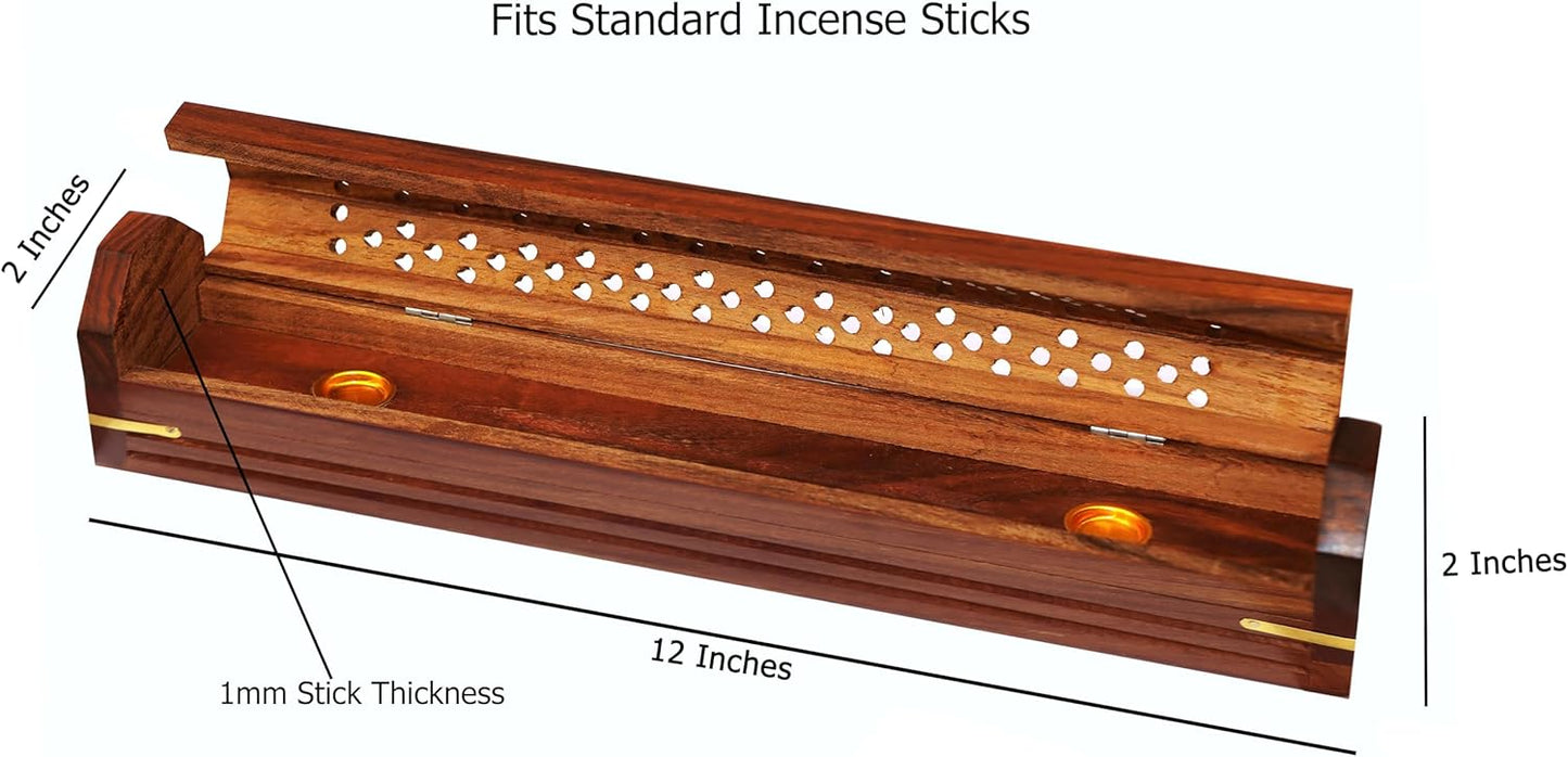 Sheesham Wood Incense Burner - Handmade Coffin Style Sun and Moon Inlay Incense Holder - Aromatherapy Room Freshener Cone Incense Stick Burner Ash Catcher - Zen Home Gift - 12x2x2 - COTTON CRAFT