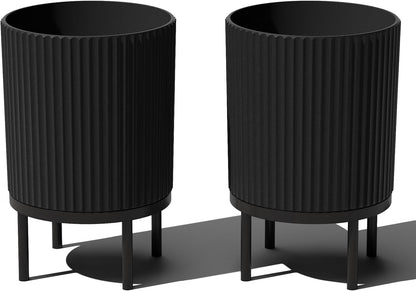 Veradek Demi Series Round Planter w/ Stand for Porch/Patio | Durable Plastic-Concrete & Wooden Stand | Modern Décor for Tall Plants, Flowers