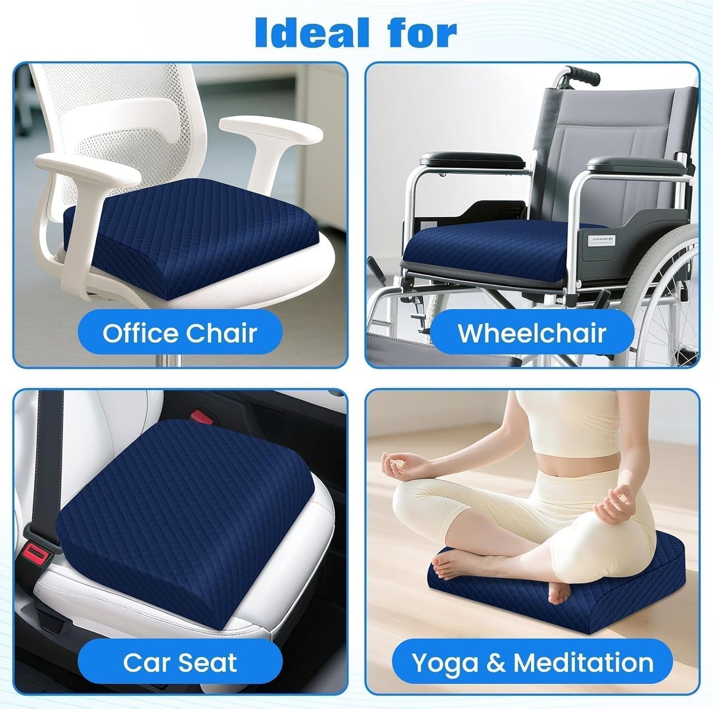 Seat Cushion, Memory Foam Chair Pad for Sciatica & Hip Pain Relief, Non-Slip Cushion for Office, Home, Car, Large Desk Chair Cushion, Washable Cover & Handle, Large, Black