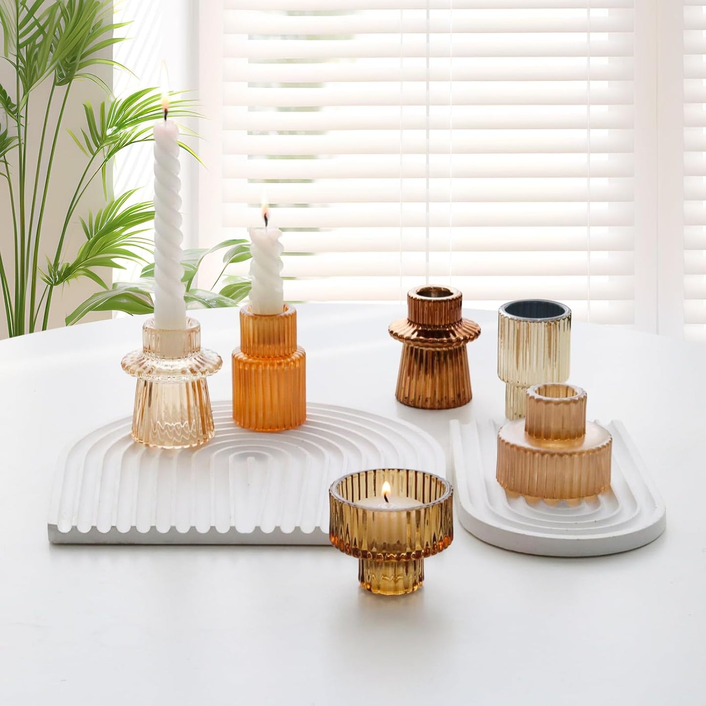Brown Candlestick Holders 12PCS Ribbed Glass Taper Candle Holders Set for Tealight Candlestick Candles, Table Centerpieces for Thanksgiving Christmas Farmhouse Decor Indoor and Outdoor