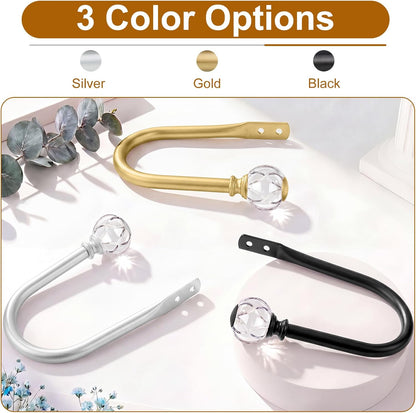 KAMANINA Curtain Holdbacks 2pcs, Gold Curtain Tiebacks, Window Curtains Hooks for Wall, Decorative Holders for Drapes with Crystal Finials(5.4" L × 4.1" W)
