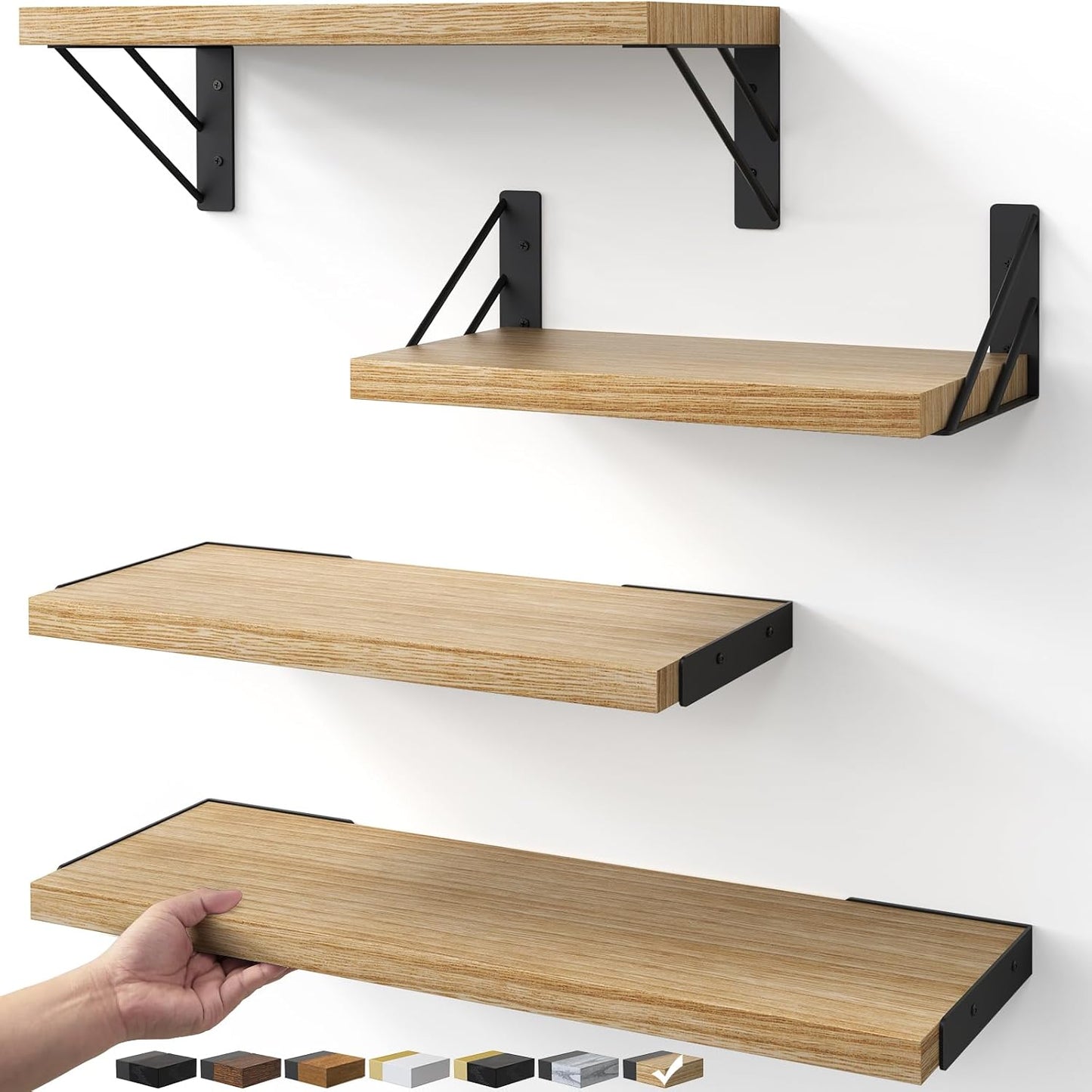 BAYKA Wall Mounted Floating Bathroom Shelves, Wood Wall Shelf for Bathroom Essentials & Decor, Space-Saving Display & Organizer (Black, Set of 4)
