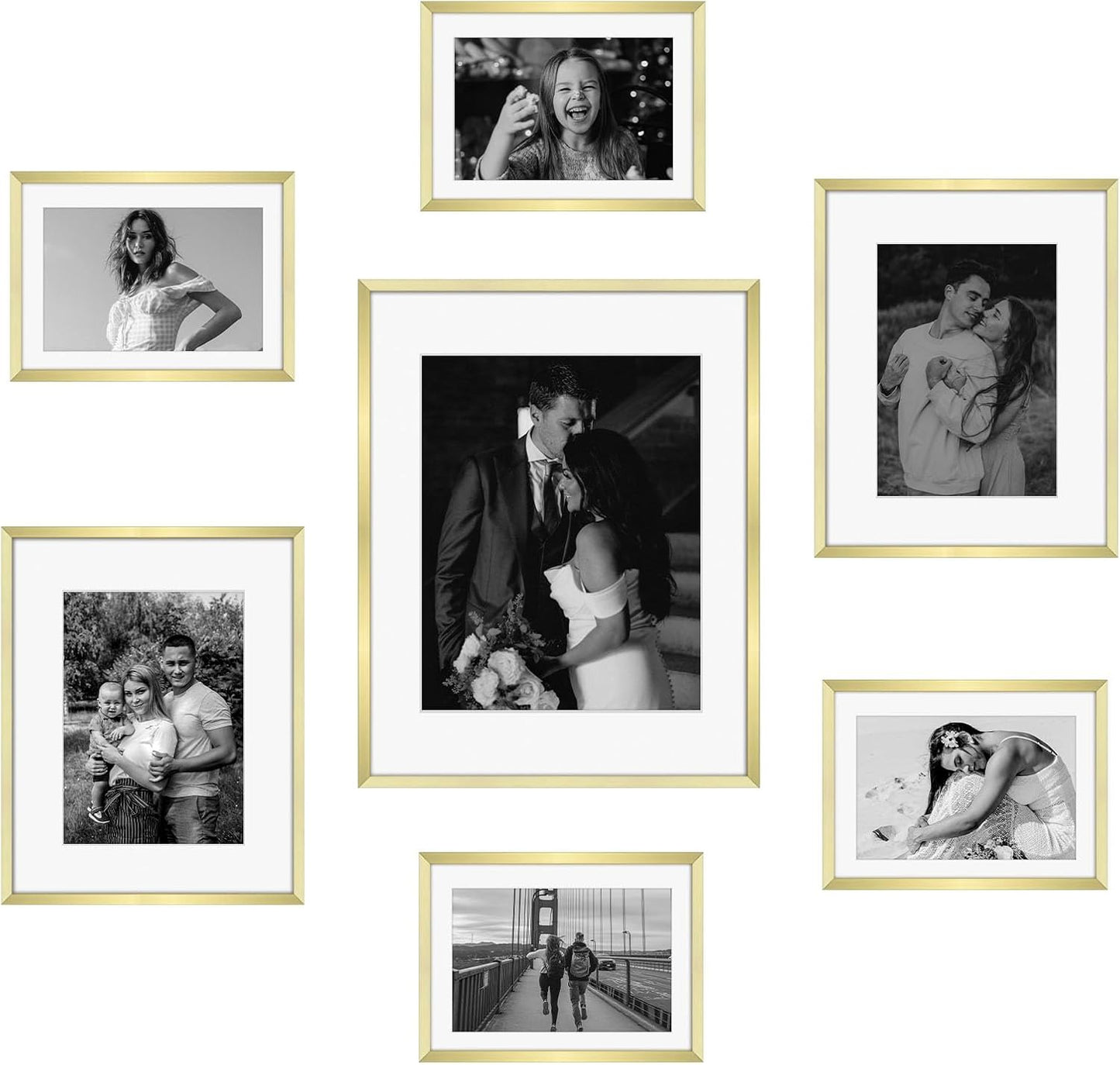 Frametory, Black Aluminum Picture Frame with Removable Mat - Set of 7 Includes Four 5x7, Two 8x10, One 11x14 - Real Glass Front - Simple Gallery Wall Frames for Art Prints and Posters
