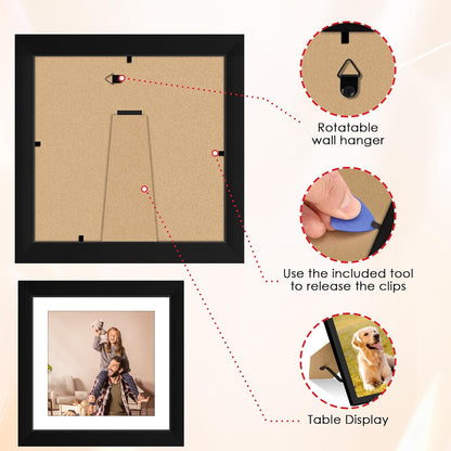 FIXSMITH 8x10 Picture Frame Set of 2, Photo Frame with HD Plexiglass, Display Pictures 5x7 with Mat or 8x10 Without Mat Multi Picture Frames Collage for Tabletop or Wall Display, Black