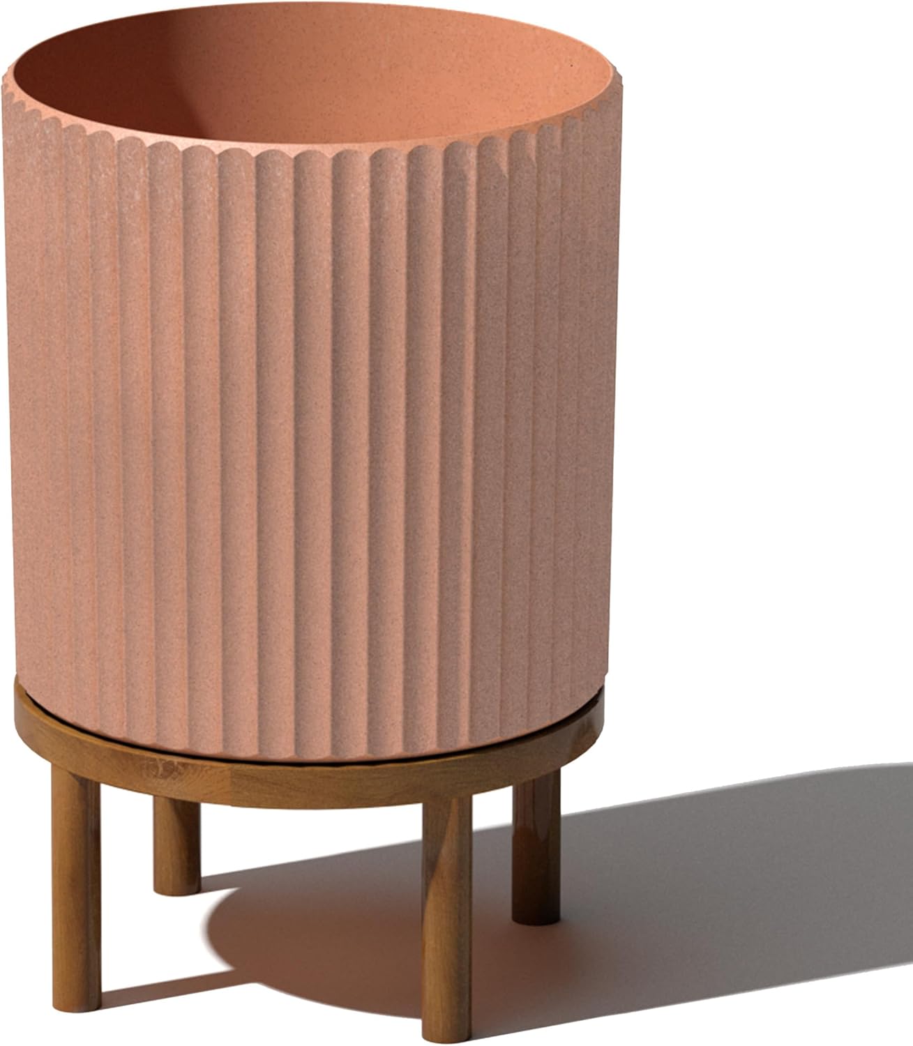 Veradek Demi Series Round Planter w/ Stand for Porch/Patio | Durable Plastic-Concrete & Wooden Stand | Modern Décor for Tall Plants, Flowers