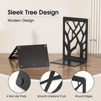 MaxGear Book Ends Tree Design Modern Bookends for Shelves, Non-Skid Bookend, Heavy Duty Metal Book Stopper for Books/DVDs, Decorative CD Holder & Video Game Organizer, 7 x 4.7 x 3.5”, Black