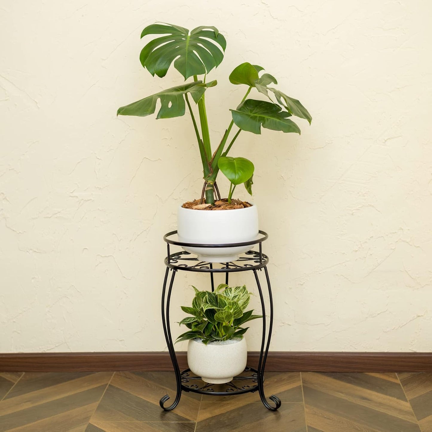 FaithLand 2 Pack Metal Plant Stands, Tall Planter Holder Indoor Outdoor, 2 Tier Round Potted Supports Rack, Corner Display Shelf Black