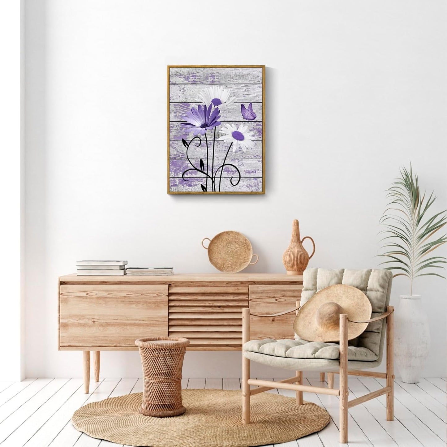HVEST Farmhouse Floral Wall Art for Living Room, Blue and White Daisy Flower and Butterfly on Rustic Wood Board Canvas Wall Art Framed Artwork Ready to Hang for Bathroom Bedroom Decor, 16L X 12W