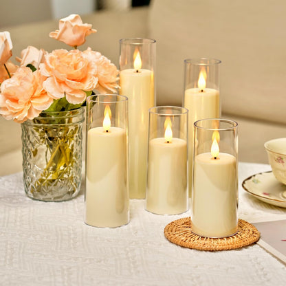 Amagic Pure White Flameless Candles, Battery Operated Candles, Acrylic Flickering LED Pillar Candles with Remote Control and Timer, 3D Wick, Yellow and Blue Glow, D2.2 xH5 5" 6" 7" 8", Set of 5