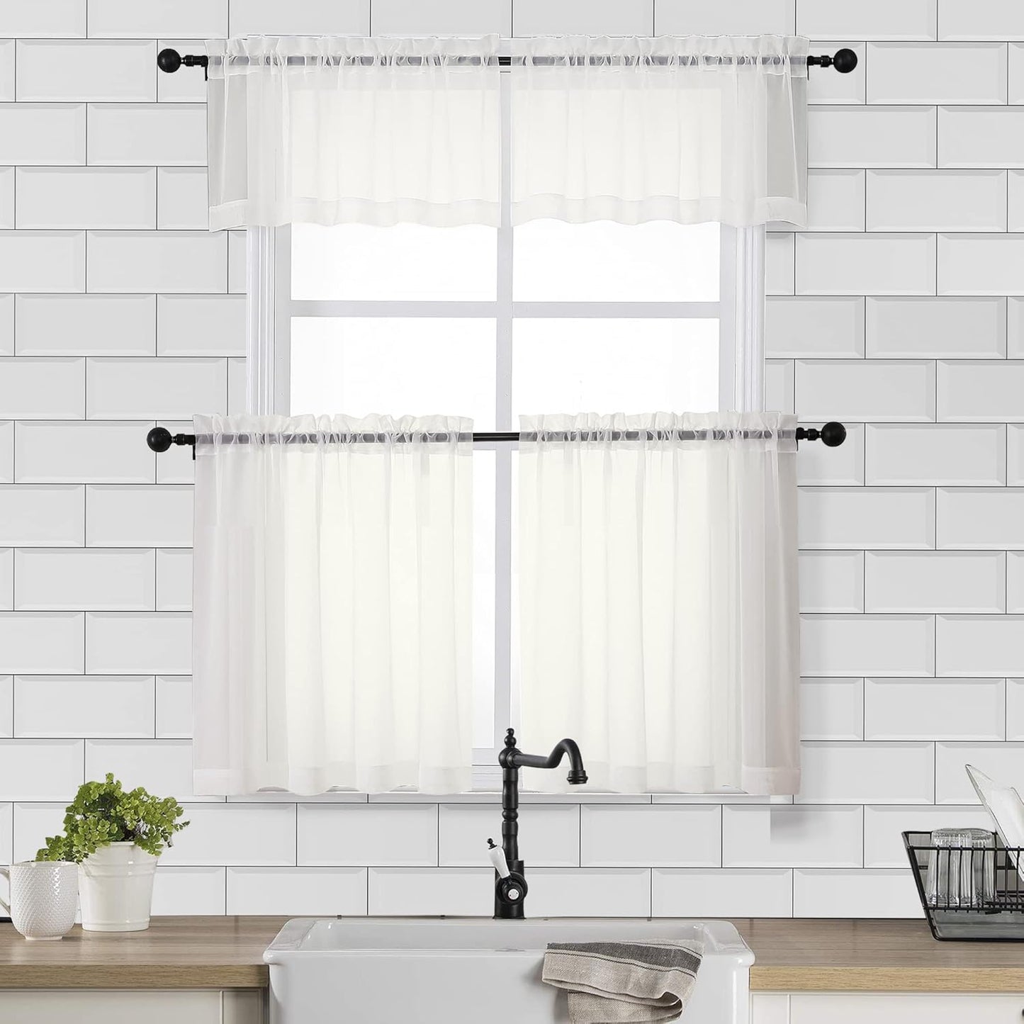 Chyhomenyc Sheer White Valances for Windows 2 Pack, Small Window Curtains for Living Room Bathroom Cafe Laundry Basement, Modern Top Dual Rod Pocket Voile Curtain, 42W x 14L inches, White - Colors C