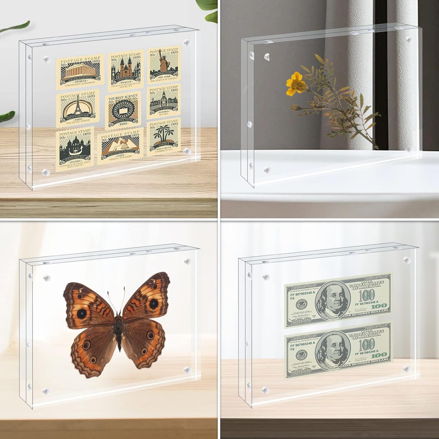 Egofine 4x6 Acrylic Frames 6 Pack, 20mm Thicker Frameless Clear Picture Frames, Double Sided Magnetic Picture Frames, Free Standing Desktop Display