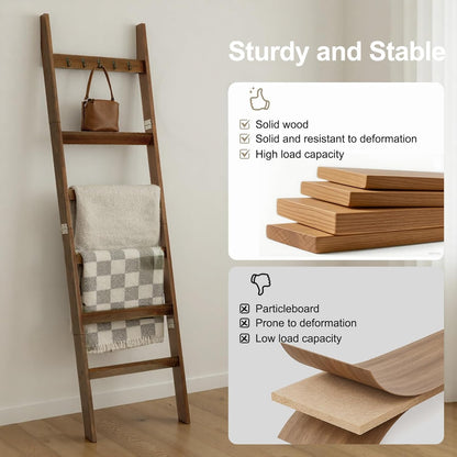 TEAKMAMA 6-Tier Blanket Ladder for Living Room and Bedroom,5.4 Ft Wall Leaning Quilt Rack with Hooks,Rustic Decorative Farmhouse Blanket Storage,Stylish Ladder Holder,Christmas Decorations,Black