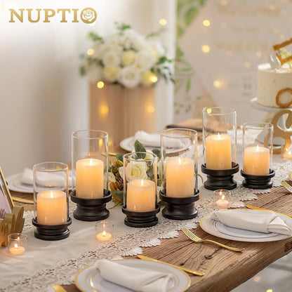NUPTIO Hurricane Candle Holder Gold: Pillar Candle Holders with Clear Glass Sleeve - Set of 2 Decorative Brass Metal Pillars Stand for Dining Table Centerpiece Shelf Fireplace Mantel Decor