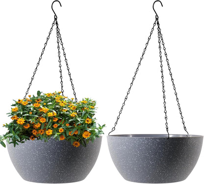WSMKSZ 10 inch Hanging Planters for Outdoor Indoor Plants with Drainage Holes and Chain, 2 Pack Round Hanging Flower Pots for Garden Home Porch Decor, Black