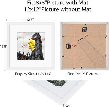12x12 Picture Frame Set of 9, Display Pictures 8x8 with Mat or 12x12 without Mat, Multi Collage Gallery Square Photo Frames for Wall or Tabletop, Black