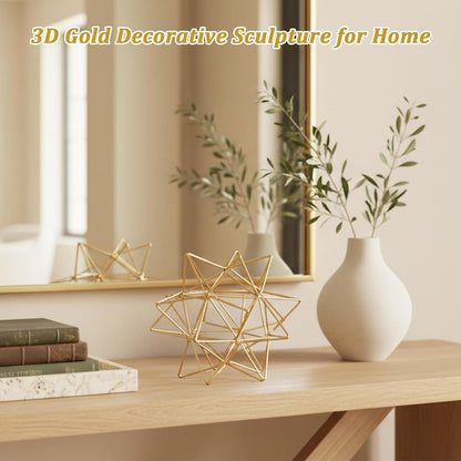 5.5" Gold Metal Geometric Sculpture, Modern Square Decorative Sphere, Small Tabletop Decoration Ball for Home Office Table Shelf Living Room Bedroom Desk Decor