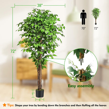 7ft Large Ficus Artificial Trees with Natural Curved Trunks, 84" Tall Lush Faux Tree for Home Decor Indoor, Green Lifelike Fake Ficus Tree Artificial Plants in Pot