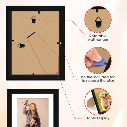 FIXSMITH 8x10 Picture Frame Set of 2, Photo Frame with HD Plexiglass, Display Pictures 5x7 with Mat or 8x10 Without Mat Multi Picture Frames Collage for Tabletop or Wall Display, Black