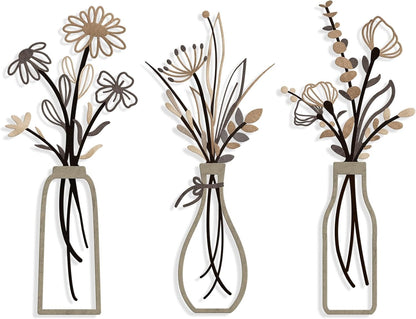 Pigort 3 Pieces Metal Flowers Wall Art- Rustic Farmhouse Decor Minimalist Decor for Living Room Bathroom Bedroom Dining Room, Housewarming Gifts Christmas Decoration(Beige, Vase-C)