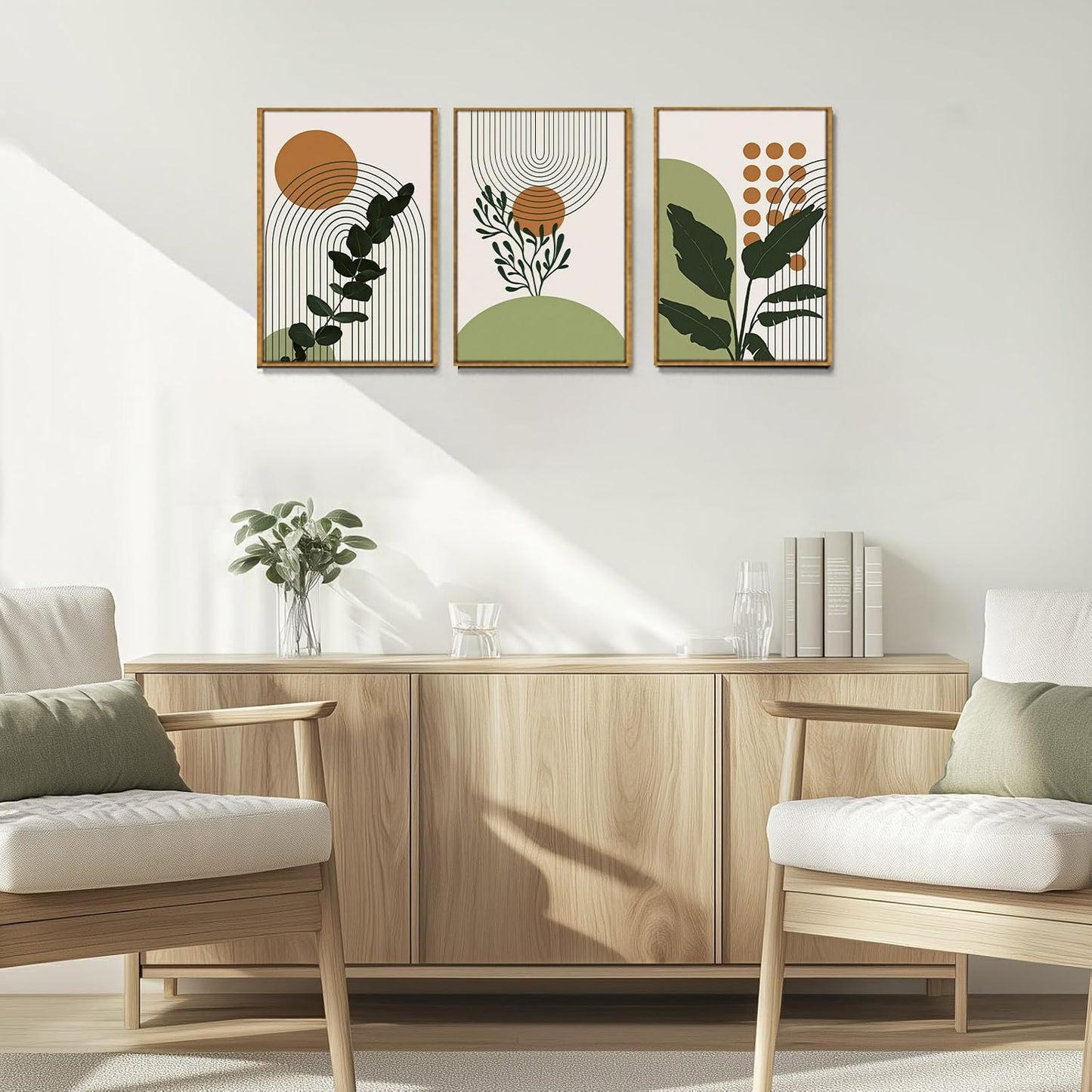 Bwodke Boho Wall Art, Framed Abstract Wall Art, Green Botanical Neutral Canvas Wall Decor, Large Mid Century Plant Pictures Set of 3, Modern Minimalist Paintings, for Bedroom Living Room Bathroom