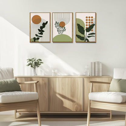 Bwodke Boho Wall Art, Framed Abstract Wall Art, Green Botanical Neutral Canvas Wall Decor, Large Mid Century Plant Pictures Set of 3, Modern Minimalist Paintings, for Bedroom Living Room Bathroom