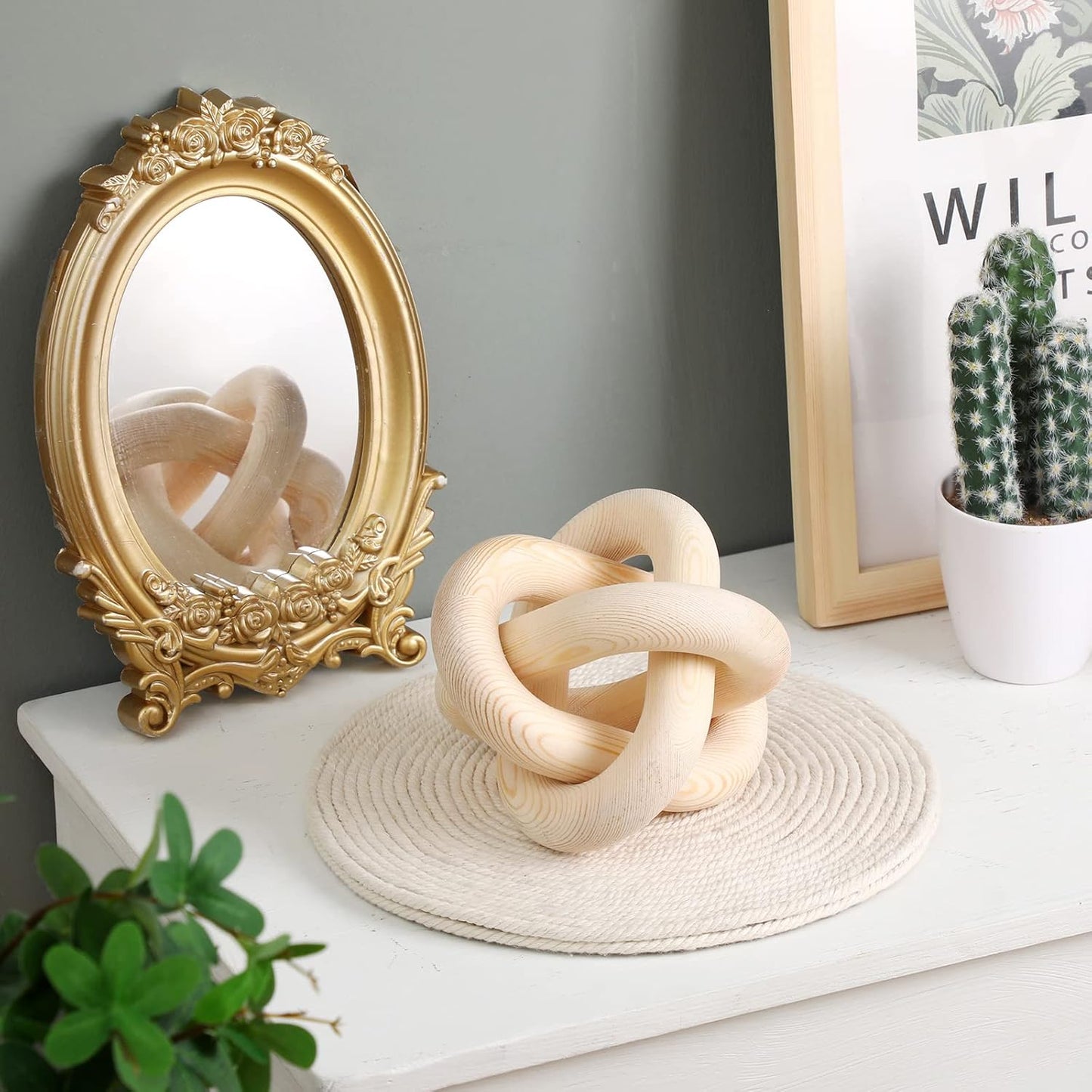 Yalikop 3 Link Wood Knot Decor Rustic Home Décor Accents Hand Carved Coffee Table Decoration, Boho Chain Link Decoration, Modern Shelf, Rustic Objects for Home Living Room Bedroom(White)