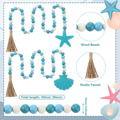 Janinka 2 Pcs Farmhouse Seashell Bead Garland with Tassels Decorative Beads Decor Nautical Farmhouse Tiered Tray Decorations Set Coastal Garland for Home and Kitchen, Wooden Beads(White)