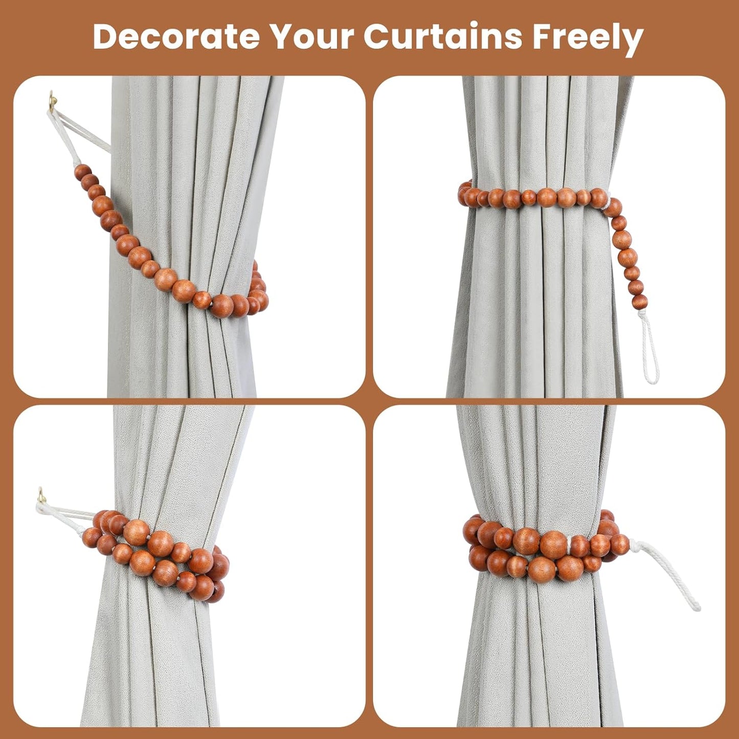 Wood Bead Curtain Tiebacks, KLOGTSIND Set of 2 Curtain Holdbacks for Thin or Thick Window Draperies, Boho Farmhouse Curtain Tiebacks with Hooks, Curtain Tie Backs for Home Office Room Decor