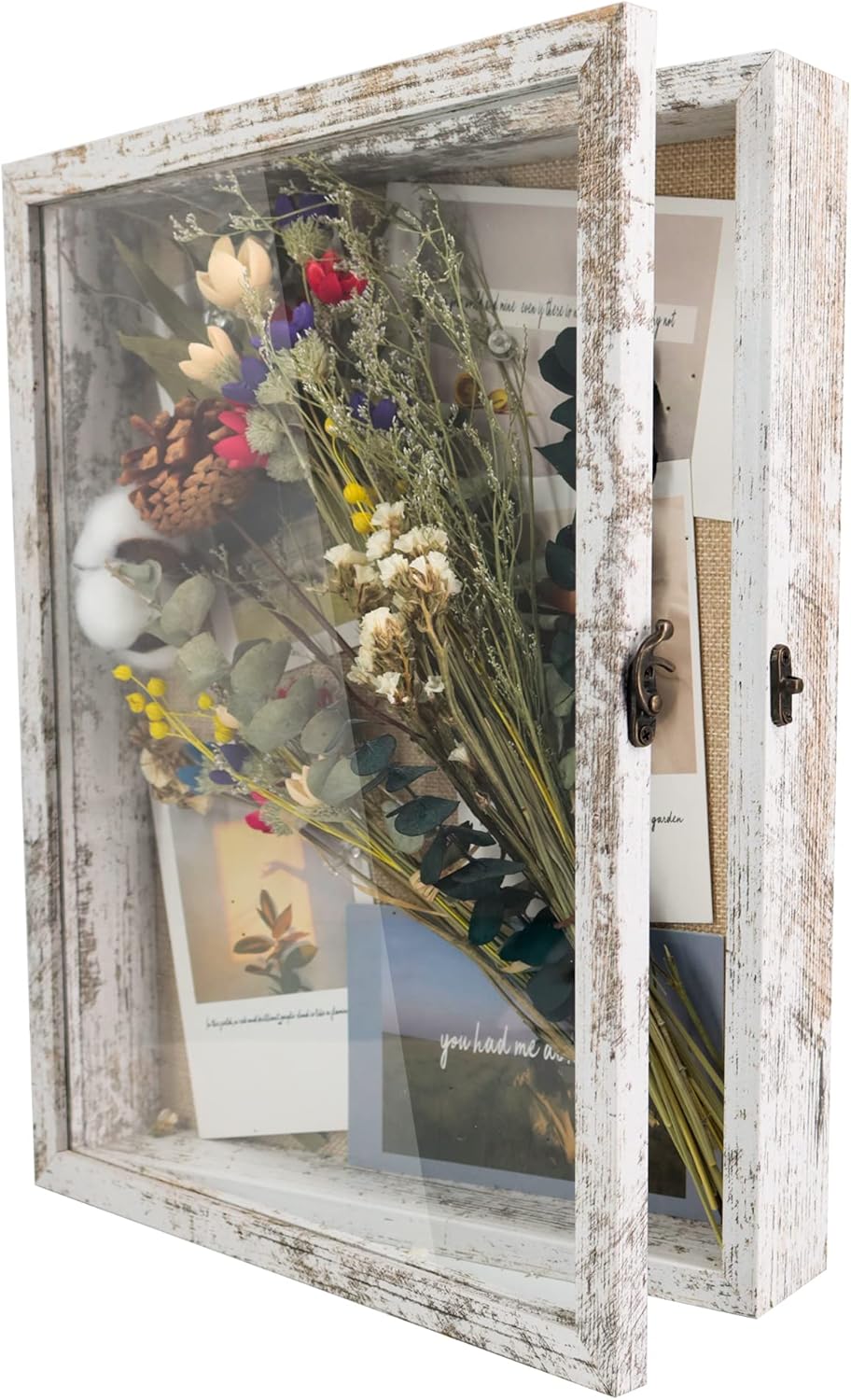 GraduationMall 13x16 Wood Shadow Box Frame Glass Door Display Case with Linen Back and 6 Stick Pins,1.5 inches Interior Depth,Ideal for Memorabilia Pictures Flowers Medals Tickets Rustic White