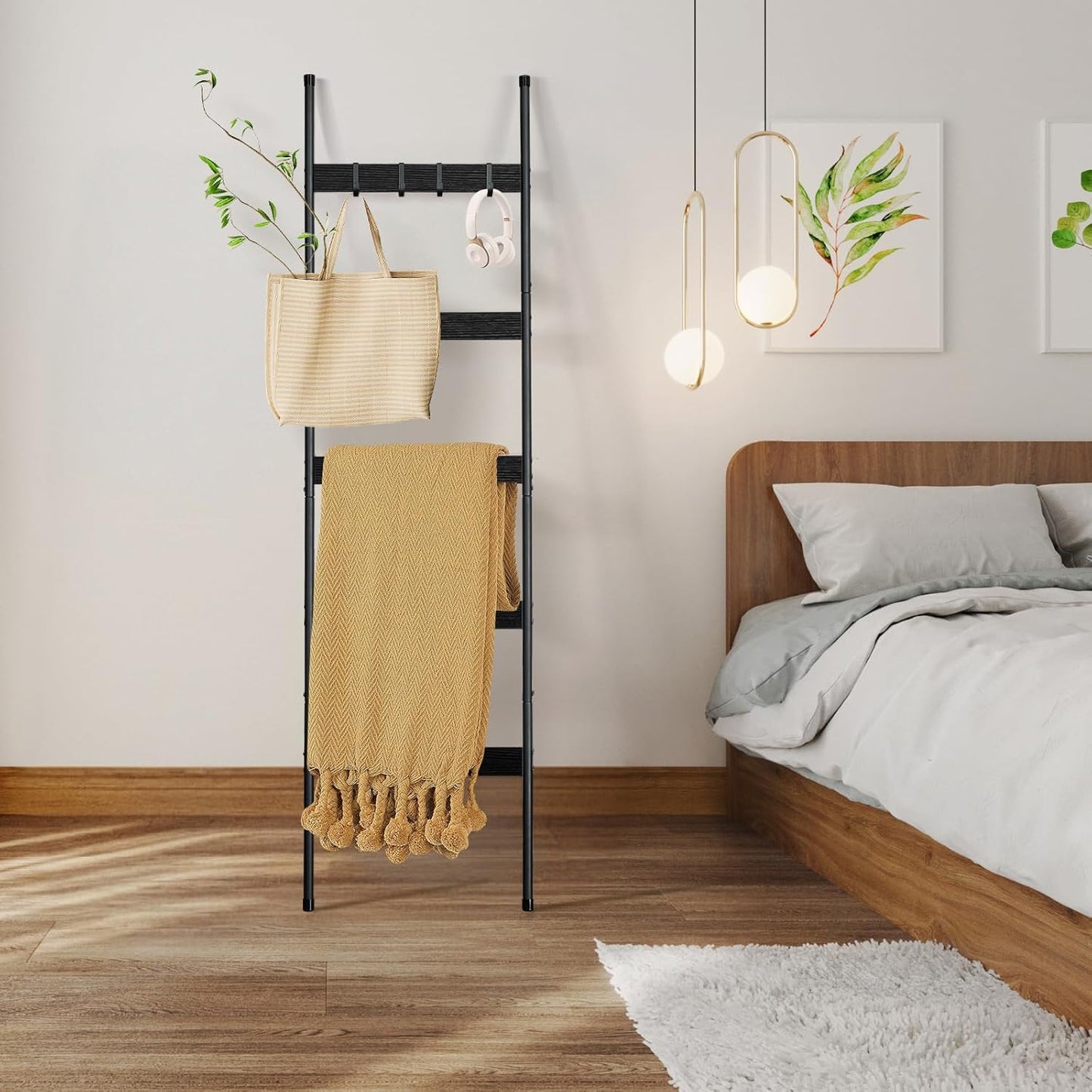 ELYKEN Blanket Ladder for Living Room, Farmhouse 5-Tier Quilt Holder with 4 Removable Hooks for Bathroom, Wood Towel Rack Display, Wall Anchor Leaning Decorative Stand for Home, Rustic Brown