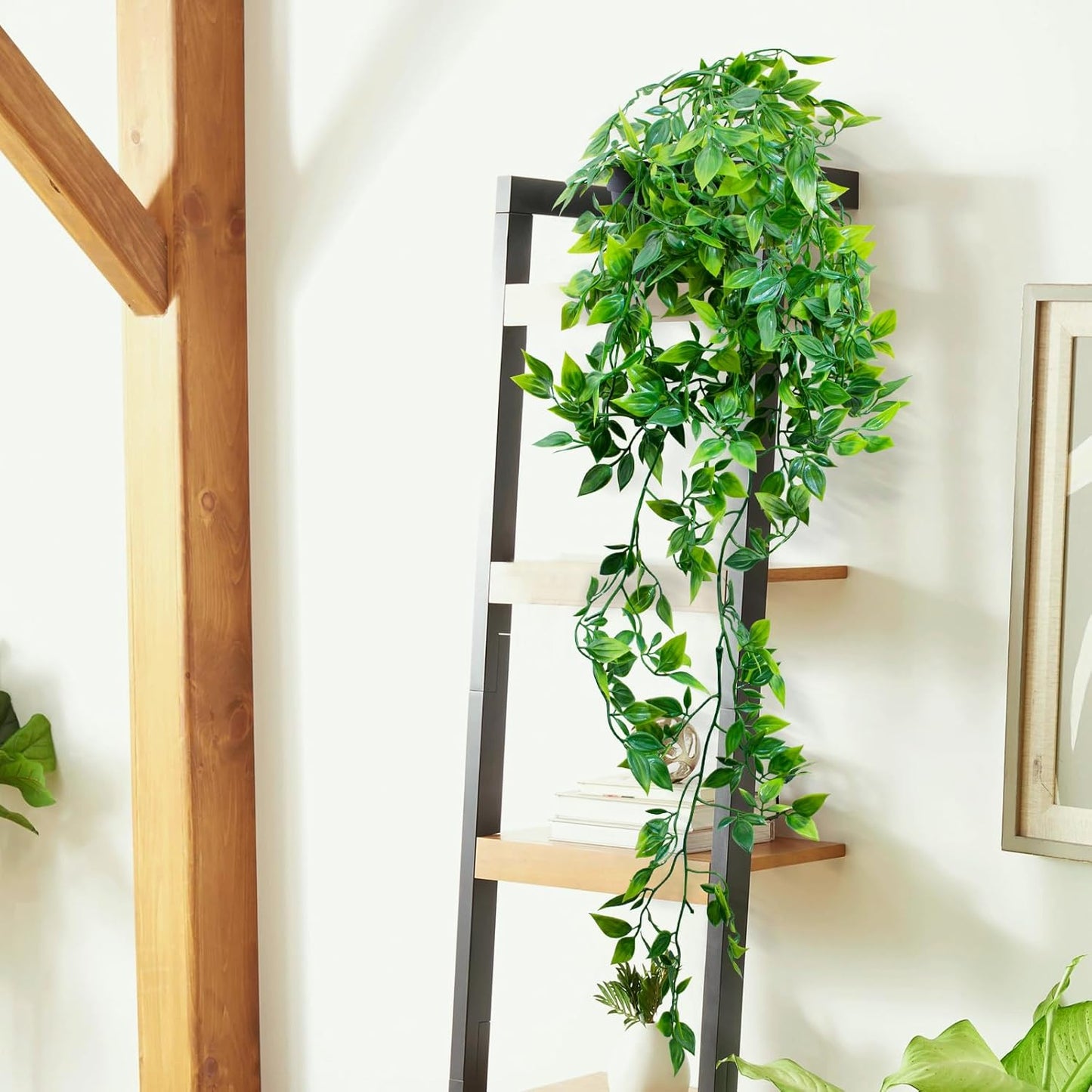 LOYWREE Fake Plants Indoor Artificial String of Pearls Plant in Black Pots, Realistic Green Faux Succulent Hanging Plants for Shelf Decor Desk Home Garden Decorations
