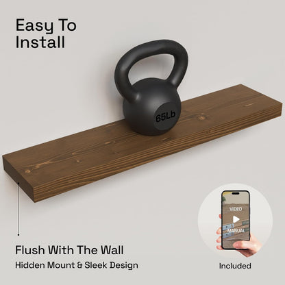 BAOBAB WORKSHOP Wood Floating Shelves for Wall Mounted, 16 inch Walnut Floating Shelf for Bathroom, Solid Wooden Wall Shelves for Kitchen Bedroom Farmhouse, Walnut Finish, 16 x 6.7, Set of 2